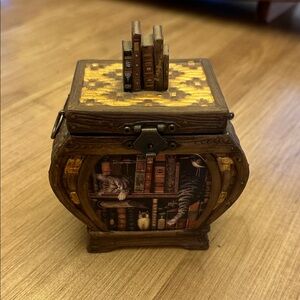 Decorative Wooden Book Box with Cat Design